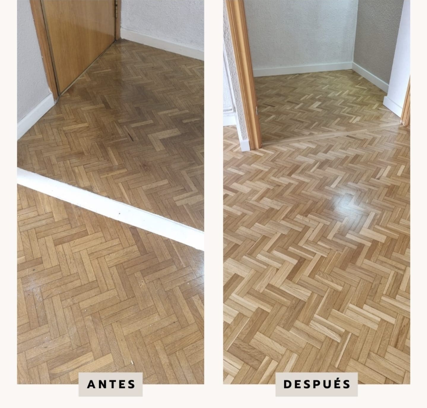 Comparación del mismo parquet de tablillas antes y después de la restauración