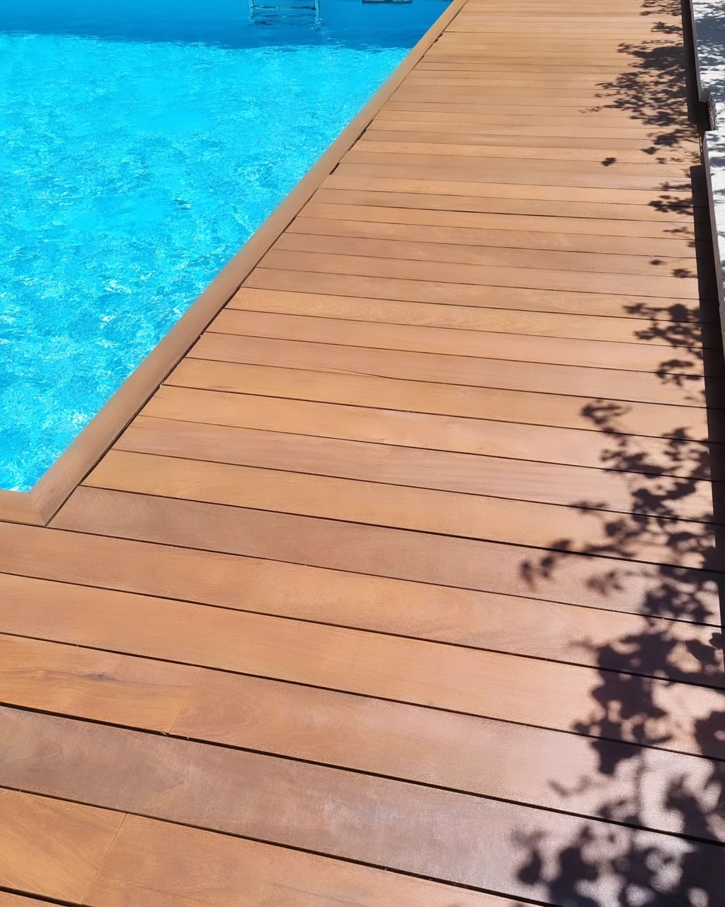 Tarima de madera en el borde de una piscina, vista general